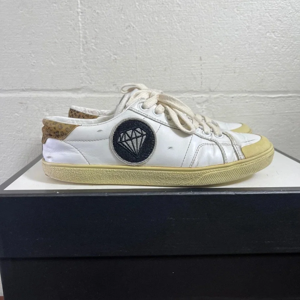 Saint‎ Laurent Court Classic Diamond White Leather Leopard Womens 37.5 EU/7.5 US